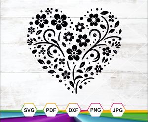 Floral Heart SVG PNG DXF JPG PDF for Cricut, Silhouette Cameo, Sublimation &amp; T-Shirt Crafts