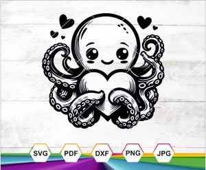Adorable Octopus with Heart SVG PNG DXF JPG PDF for Cricut, Silhouette &amp; Sublimation