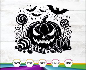 Spooky Halloween Pumpkin with Candy, Bats &amp; Stars SVG PNG DXF JPG PDF for Cricut &amp; Crafts