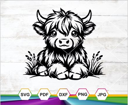 Fluffy Highland Cow in the Meadow | Highland Cow Svg | Cow Svg | Cute Cow Svg | Baby Cow Svg | 