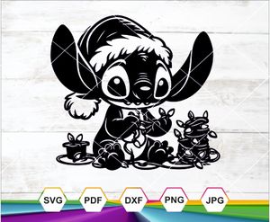 Stitch tangled in lights SVG, Christmas cartoon cut file, Cricut holiday design, funny SVG