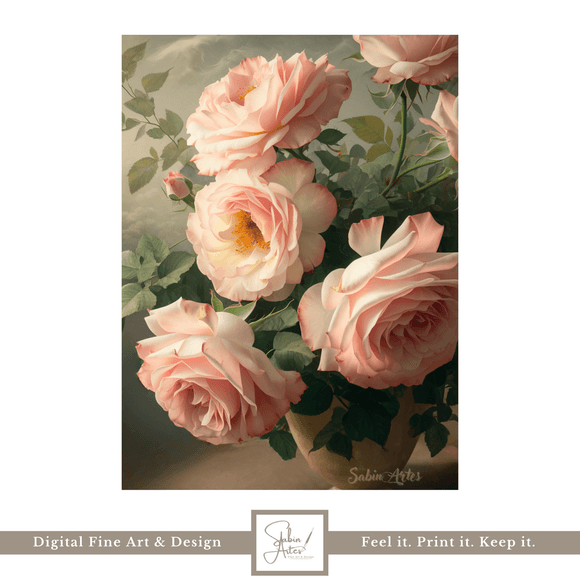 Blütenpoesie in Rosé – Digitaler Fine Art Print mit zarten Altrosa-Rosen im Vintage-Stil