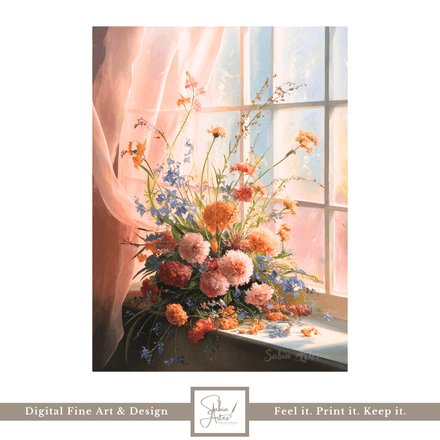Morgenglanz im Fensterlicht – Digitaler Fine Art Blumendruck mit Pfingstrosen &amp; Sommerblüten im Vin