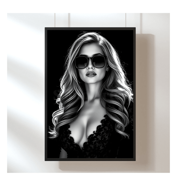 Schwarz-Weiß Digitalbild – Sinnliche Frau mit Sonnenbrille &amp; Spitzenkleid – Glamouröse Fine Art