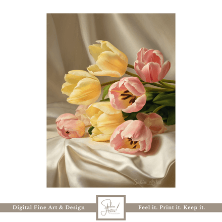 Frühlingspoesie – Digitaler Fine Art Print mit rosa-gelben Tulpen auf schimmerndem Satin
