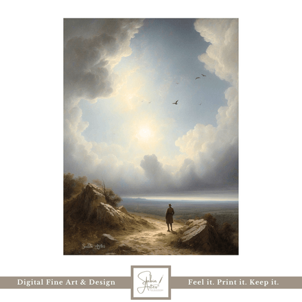 Wanderer im Licht – Digitales Wandbild mit epischem Himmel &amp; Landschaft | Fine Art Print