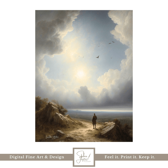 Wanderer im Licht – Digitales Wandbild mit epischem Himmel &amp; Landschaft | Fine Art Print