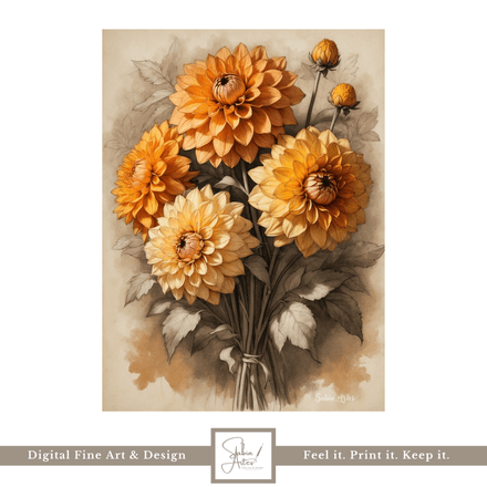 Goldene Chrysanthemen – Digitales Vintage-Blumenbild in warmen Tönen