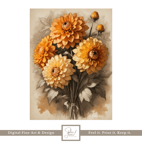 Goldene Chrysanthemen – Digitales Vintage-Blumenbild in warmen Tönen