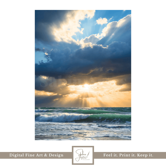 Digitales Meeresbild mit Sonnenstrahlen – Küstenkunst mit Wolkenhimmel zum Ausdrucken | Fine Art Pri