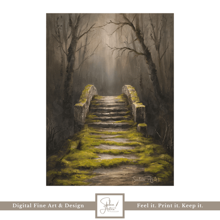 Nebelpfad der Erinnerung – Mystischer Fine Art Kunstdruck einer alten Steinbrücke im Wald