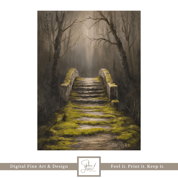 Nebelpfad der Erinnerung – Mystischer Fine Art Kunstdruck einer alten Steinbrücke im Wald