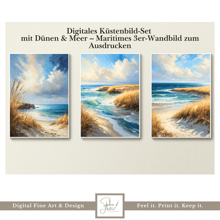 Digitales Küstenbild-Set mit Dünen &amp; Meer – Maritimes 3er-Wandbild zum Ausdrucken | Fine Art Print