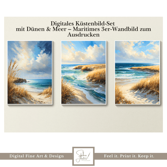 Digitales Küstenbild-Set mit Dünen &amp; Meer – Maritimes 3er-Wandbild zum Ausdrucken | Fine Art Print