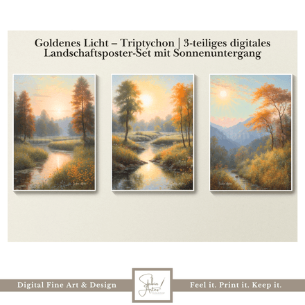 Goldenes Licht – Triptychon | 3-teiliges digitales Landschaftsposter-Set mit Sonnenuntergang &amp; Flu