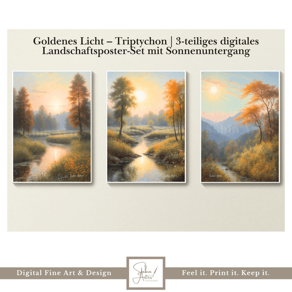 Goldenes Licht – Triptychon | 3-teiliges digitales Landschaftsposter-Set mit Sonnenuntergang &amp; Flu