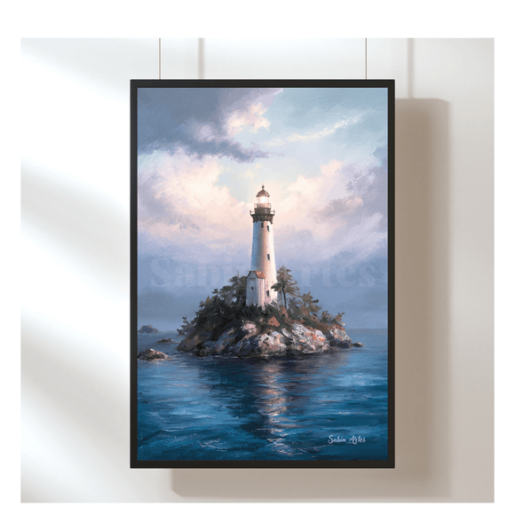 Digitales Leuchtturm-Bild auf Insel – Maritimes Küstenkunstwerk zum Ausdrucken