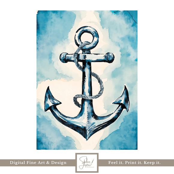 Digitales Poster Anker Aquarell Blau – Maritime Wandkunst zum Ausdrucken