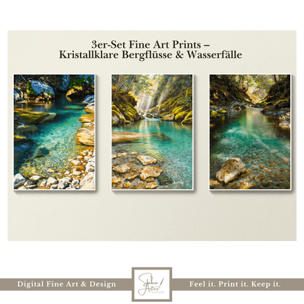 3er-Set Fine Art Prints – Kristallklare Bergflüsse &amp; Wasserfälle in smaragdgrüner Naturidylle