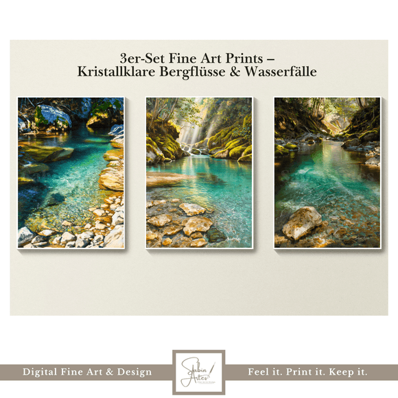 3er-Set Fine Art Prints – Kristallklare Bergflüsse &amp; Wasserfälle in smaragdgrüner Naturidylle