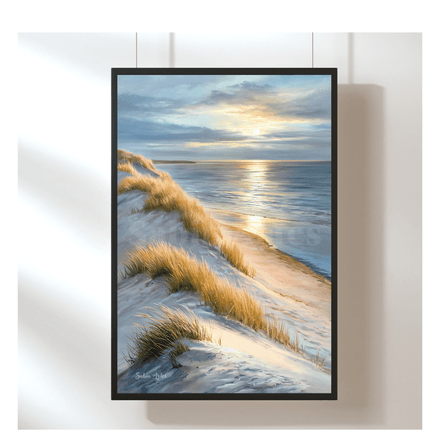 Digitales Dünenbild mit Meerblick – Sanfte Lichtstimmung als Wandkunst zum Ausdrucken