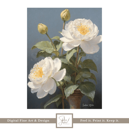 Weiße Pfingstrosen in Vase – Digitales Stillleben | Klassische Blumenmalerei im Fine Art Stil 