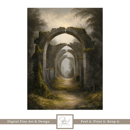 Tore der Vergessenheit– Digitaler Kunstdruck mystischer Ruinen im Dark-Romantic-Stil