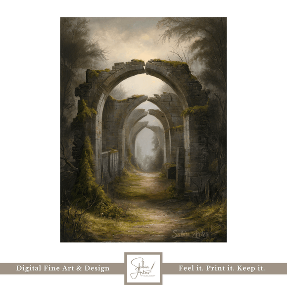 Tore der Vergessenheit– Digitaler Kunstdruck mystischer Ruinen im Dark-Romantic-Stil