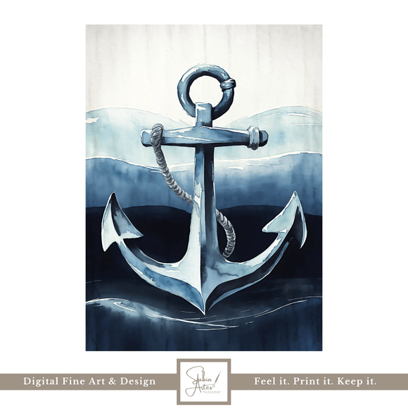 Digitales Poster Anker mit Meereswellen – Maritime Wandkunst zum Ausdrucken