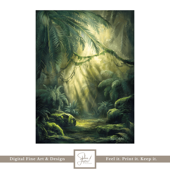Geheimnisvoller Urwald – Digitales Fine Art Wandbild mit Sonnenstrahlen im Regenwald 