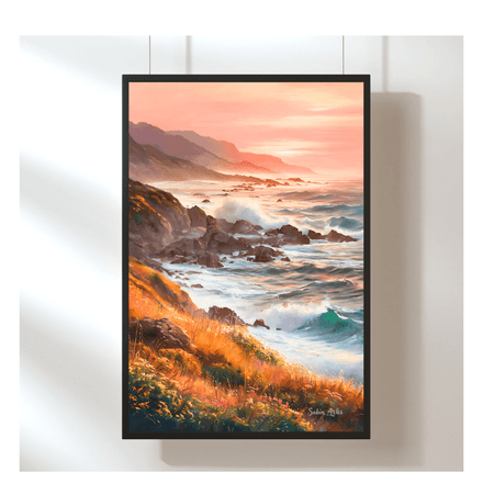 Digitales Küstenbild bei Sonnenuntergang – Malerische Felsküste &amp; Ozeanwellen als Printable Art