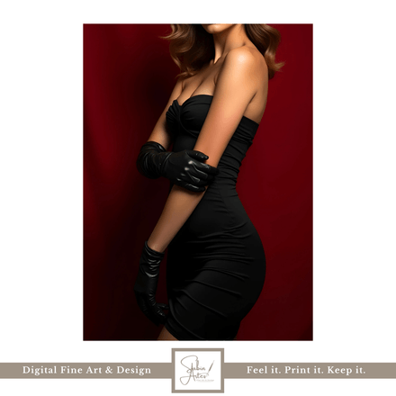 Elegantes Digitalbild Frau im schwarzen Kleid – Erotisches Poster mit rotem Hintergrund