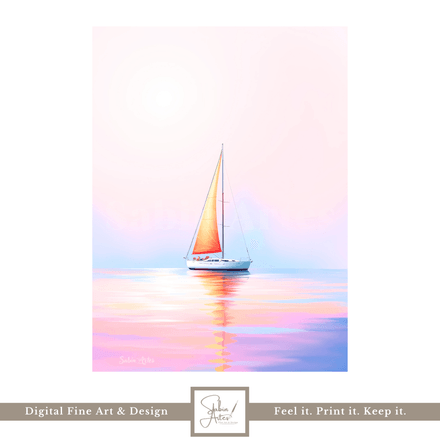 Sunset Serenity – Digitales Segelboot-Wandbild in Pastellfarben | Maritimes Kunstwerk zum Download