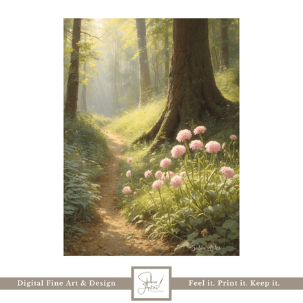 Lichtpfad im Frühlingswald – Digitales Waldkunstwerk mit Sonnenstrahlen &amp; rosa Blüten