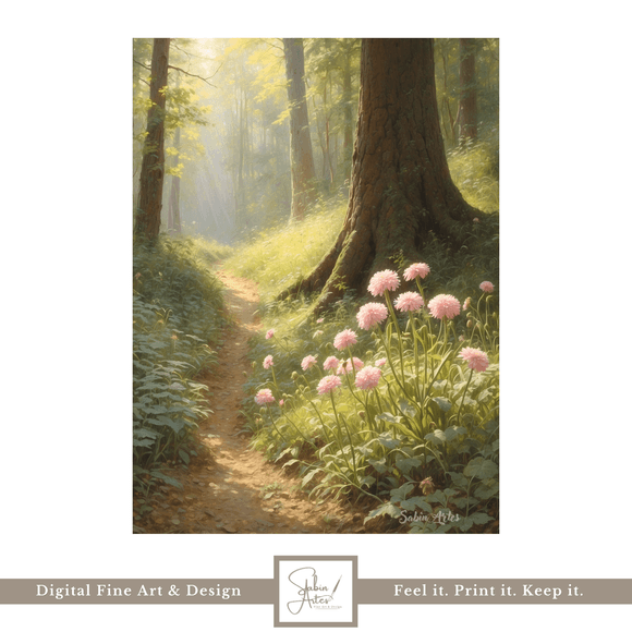 Lichtpfad im Frühlingswald – Digitales Waldkunstwerk mit Sonnenstrahlen &amp; rosa Blüten