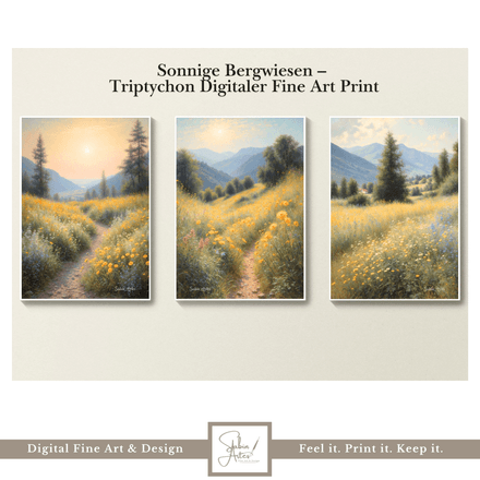 Sonnige Bergwiesen – Triptychon Digitaler Fine Art Print | Blumenwiese &amp; Alpenlandschaft