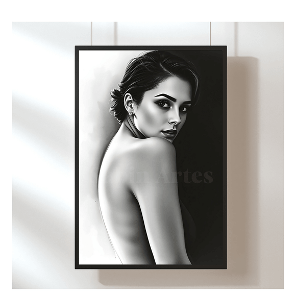 Schwarz-Weiß Porträt einer Frau – Elegante digitale Kunst mit sinnlichem Blick