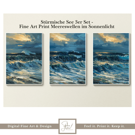 Stürmische See – Digitales Triptychon Fine Art Print | Ausdrucksstarke Meereswellen im Sonnenlicht