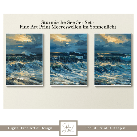 Stürmische See – Digitales Triptychon Fine Art Print | Ausdrucksstarke Meereswellen im Sonnenlicht