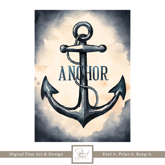 Dark Nautical Anchor Wall Art – Watercolor Maritime Print | Digital Download