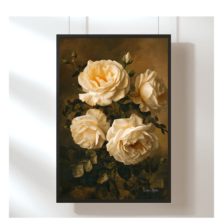 Elegantes Rosenbild in Cremeweiß – Digitales Vintage-Blumenkunstwerk im Stil klassischer Ölmalerei
