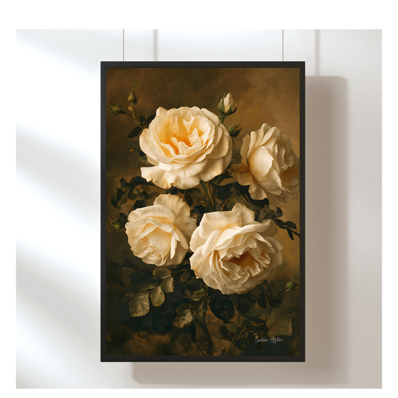 Elegantes Rosenbild in Cremeweiß – Digitales Vintage-Blumenkunstwerk im Stil klassischer Ölmalerei