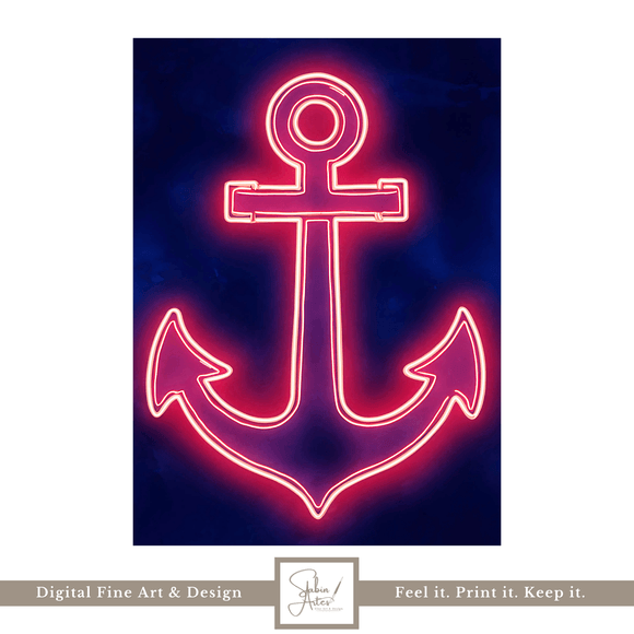 Neon Anker Digitalbild – Maritimes Wandbild in Pink &amp; Blau zum Ausdrucken