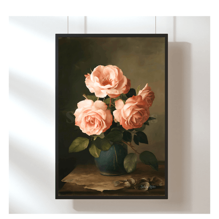 Rosen Stillleben als digitales Ölgemälde – Vintage-Blumenbild mit rosa Rosen in Vase
