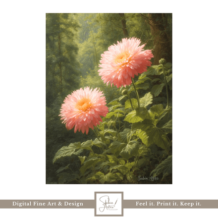 Zartes Licht &amp; Dahlienzauber – Digitales Fine Art Blütenbild mit rosafarbenen Dahlien im Wald