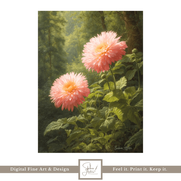 Zartes Licht &amp; Dahlienzauber – Digitales Fine Art Blütenbild mit rosafarbenen Dahlien im Wald