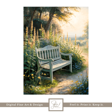 Romantische Gartenbank im Sommerlicht – Digitaler Fine Art Print mit Blütenweg &amp; Lichtspiel