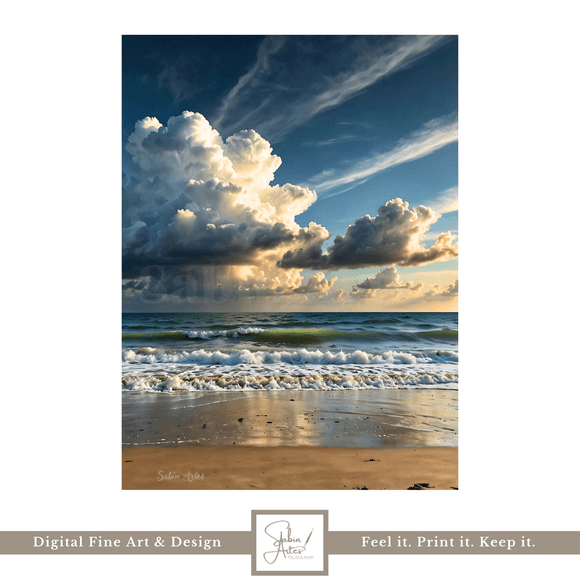 Digitales Küstenbild mit Wolkenhimmel – Meeresstimmung als Fine Art Print | Strand Fotokunst zum Aus