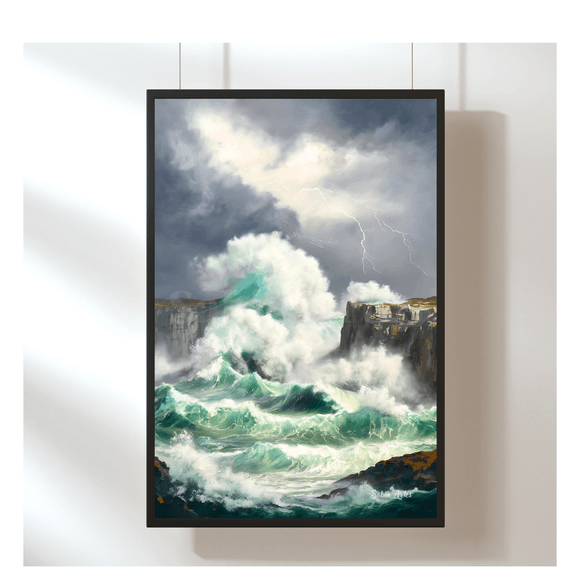 Stürmische See – Digitales Meeresbild mit Klippen und Gewitter zum Ausdrucken