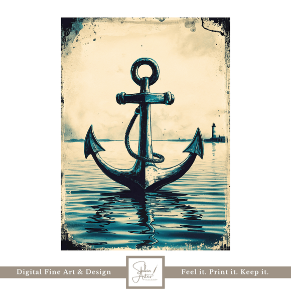 Vintage Anchor &amp; Lighthouse Wall Art – Nautical Digital Print | Maritime Water Reflection